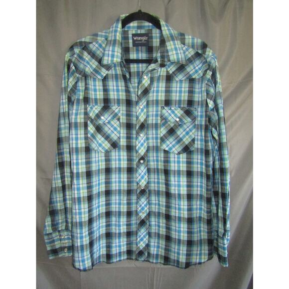 Wrangler Western Plaid Snap Shirt Men’s L Blue Green Pearl Snap Long Sleeve Vint - Picture 1 of 5